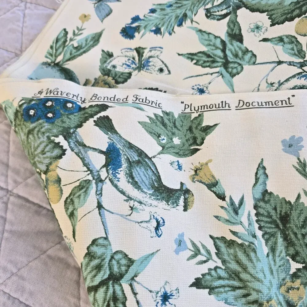 Vintage Waverly Fabric Remnant Plymouth Document Blue Yellow Green Birds READ DS